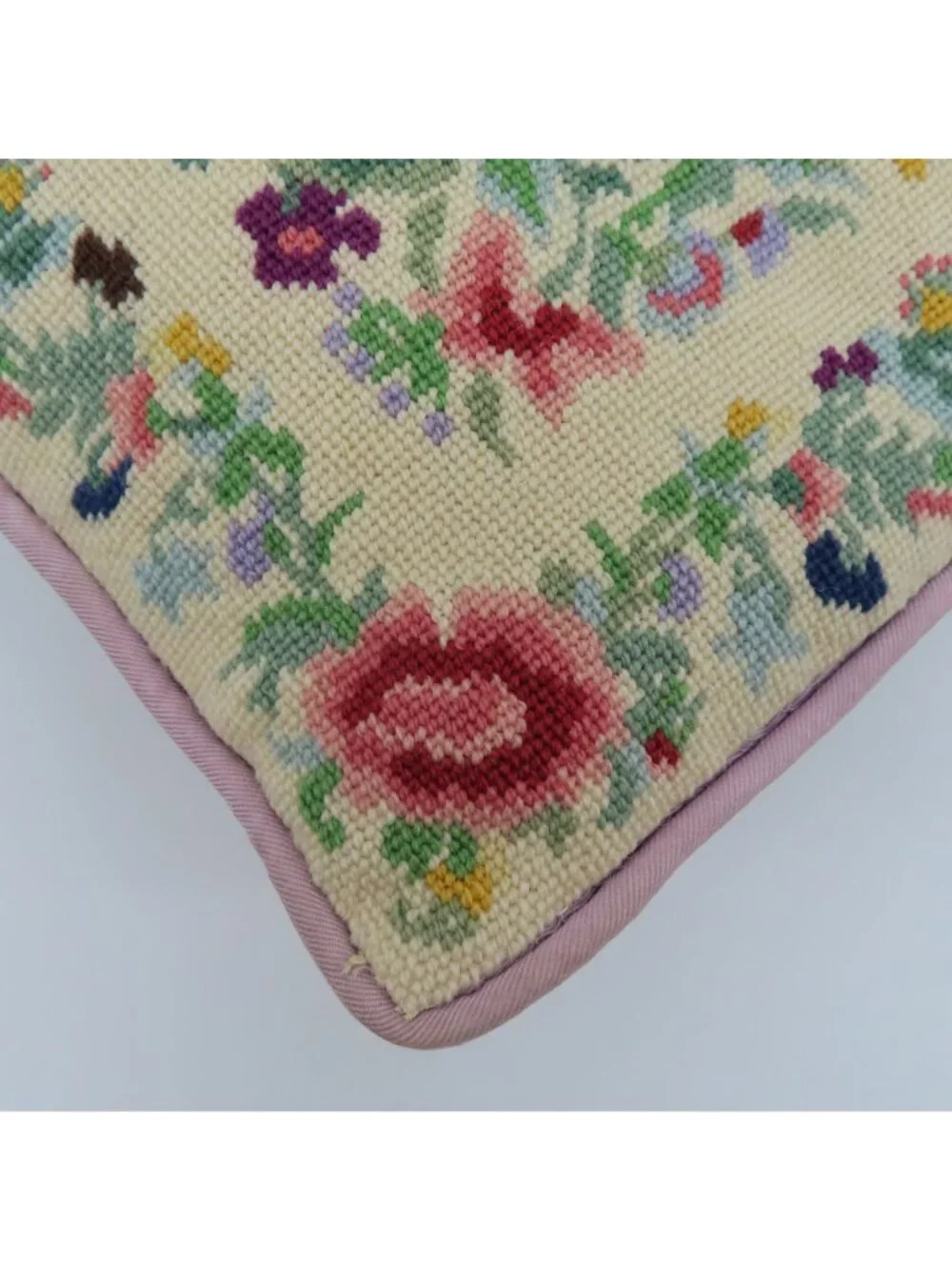 Handmade Multicolor Flower Floral Needlepoint Purple Back Throw Accent Pillow